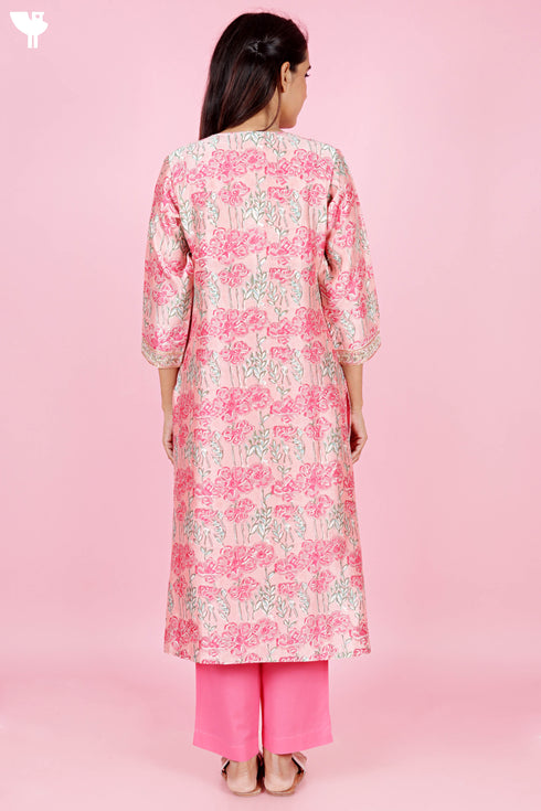 Chanderi Silk Kurta Pant and Dupatta Set In Block Print